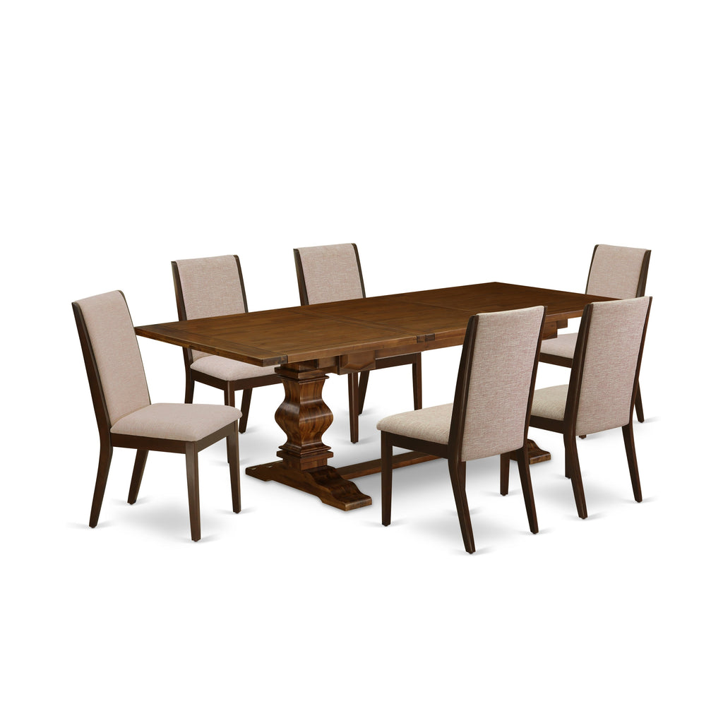 East West Furniture LALA7-83-04 7 Piece Dinette Set Consist of a Rectangle Dining Table with Butterfly Leaf and 6 Light Tan Linen Fabric Parson Dining Chairs, 42x92 Inch, Walnut
