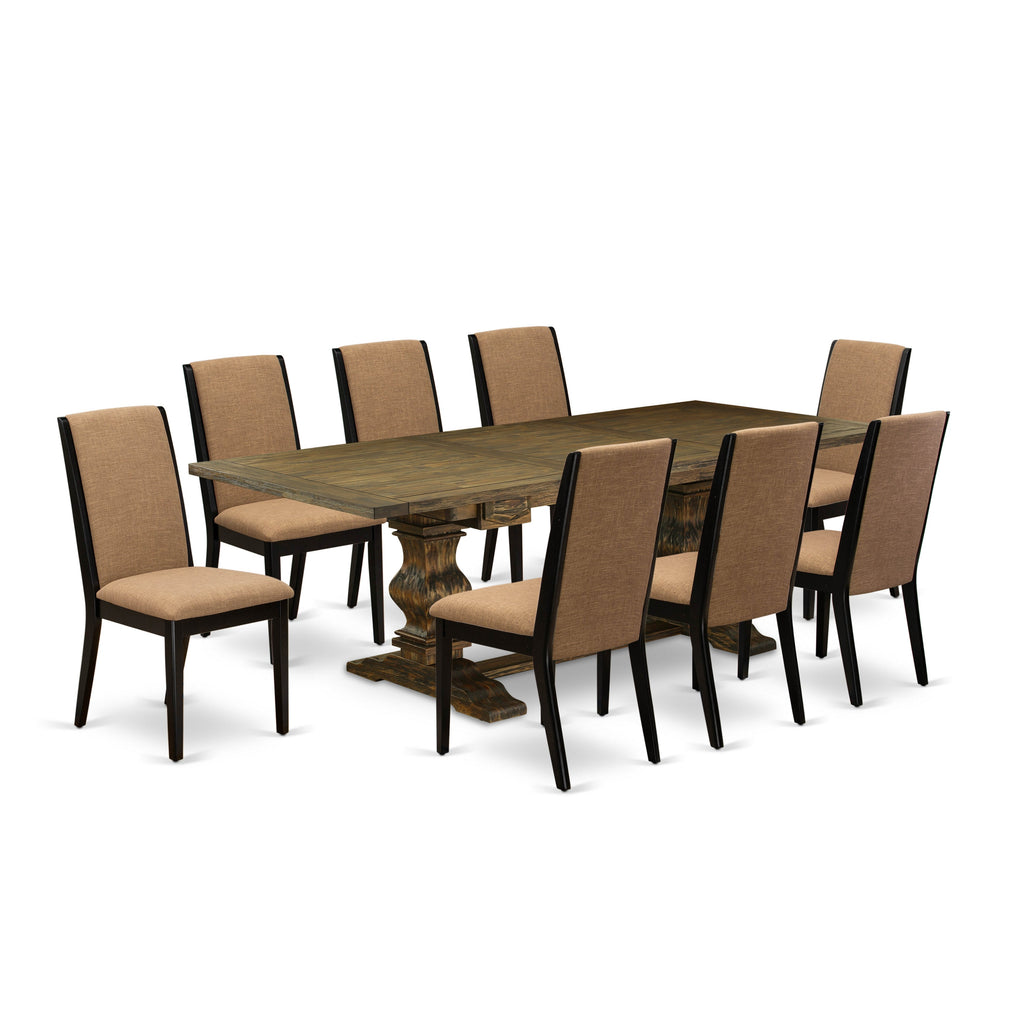 East West Furniture LALA9-71-47 9 Piece Dining Room Set Includes a Rectangle Wooden Table with Butterfly Leaf and 8 Light Sable Linen Fabric Parson Dining Chairs, 42x92 Inch, Jacobean