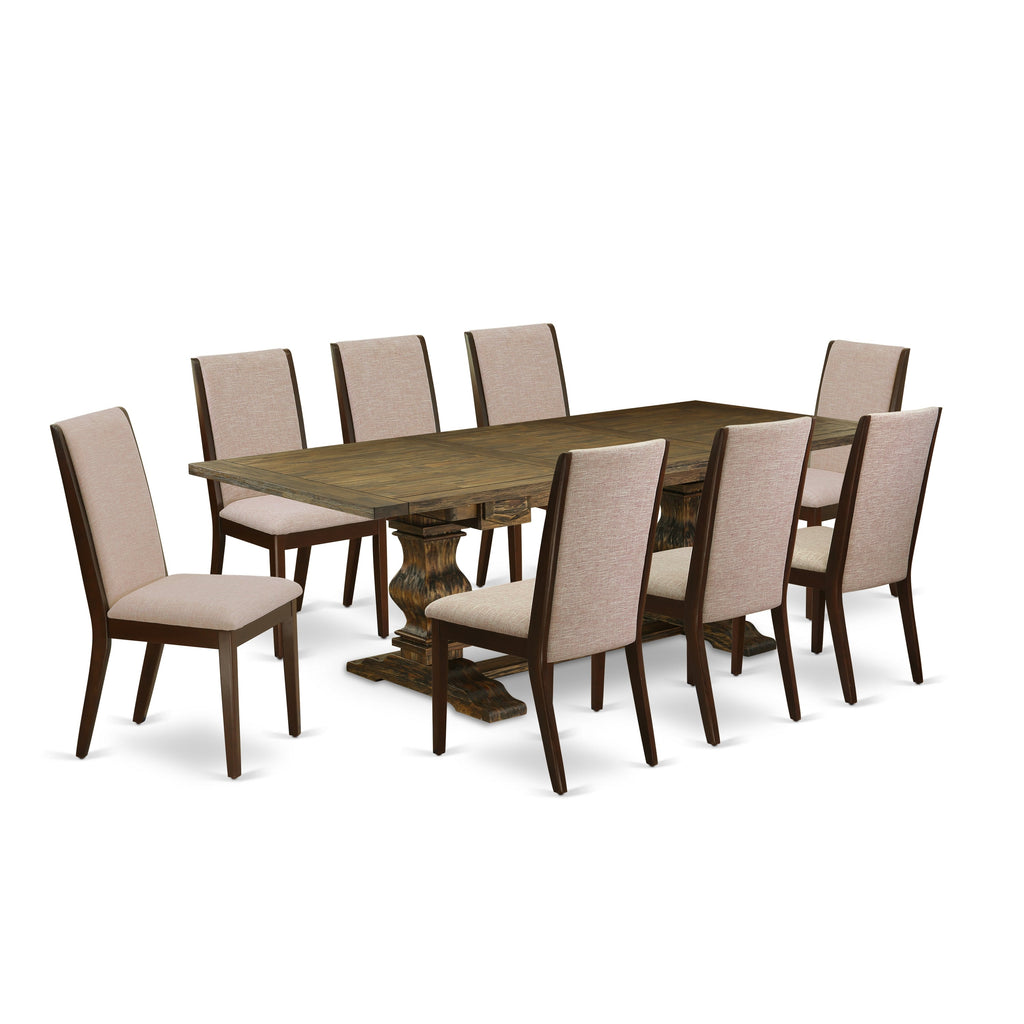 East West Furniture LALA9-73-04 9 Piece Kitchen Table & Chairs Set Includes a Rectangle Dining Table with Butterfly Leaf and 8 Light Tan Linen Fabric Parson Chairs, 42x92 Inch, Jacobean