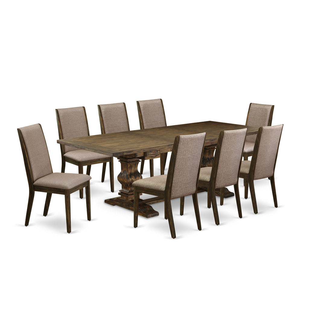 East West Furniture LALA9-77-16 9 Piece Dining Table Set Includes a Rectangle Wooden Table with Butterfly Leaf and 8 Dark Khaki Linen Fabric Upholstered Chairs, 42x92 Inch, Jacobean