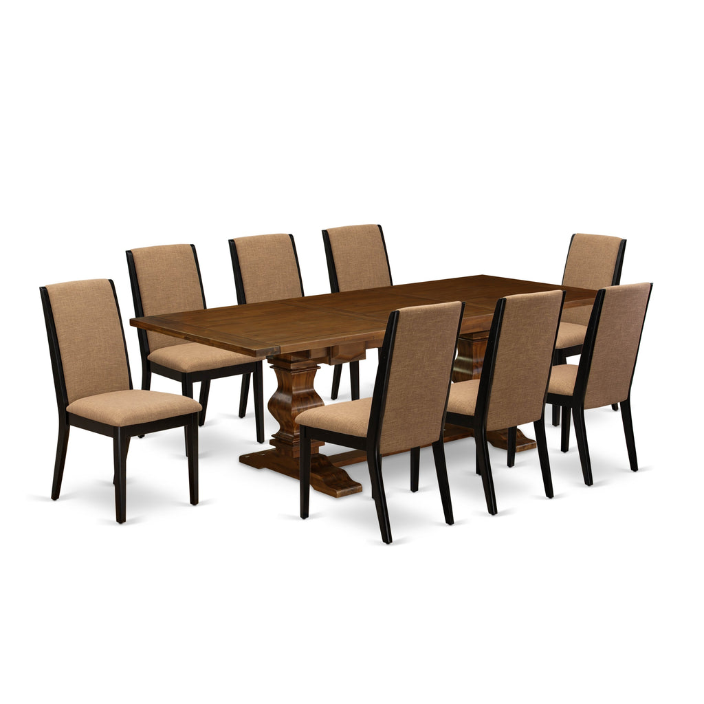 East West Furniture LALA9-81-47 9 Piece Dining Table Set Includes a Rectangle Butterfly Leaf Kitchen Table and 8 Light Sable Linen Fabric Upholstered Chairs, 42x92 Inch, Walnut