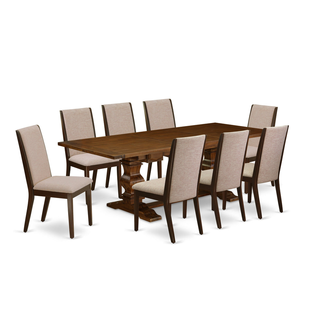 East West Furniture LALA9-83-04 9 Piece Kitchen Table Set Includes a Rectangle Dining Table with Butterfly Leaf and 8 Light Tan Linen Fabric Parsons Dining Chairs, 42x92 Inch, Walnut