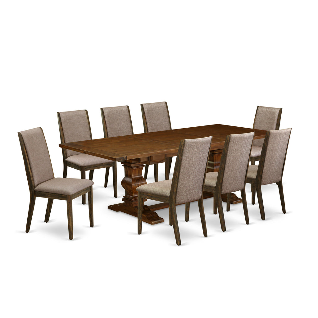East West Furniture LALA9-87-16 9 Piece Kitchen Table Set Includes a Rectangle Dining Table with Butterfly Leaf and 8 Dark Khaki Linen Fabric Parson Chairs, 42x92 Inch, Walnut