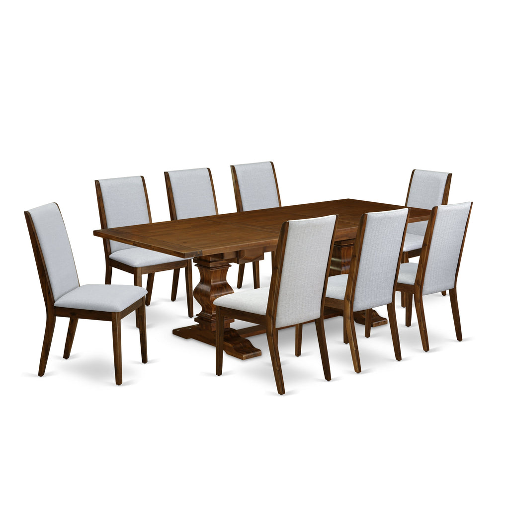 East West Furniture LALA9-88-05 9 Piece Dining Room Furniture Set Includes a Rectangle Wooden Table with Butterfly Leaf and 8 Grey Linen Fabric Upholstered Chairs, 42x92 Inch, Walnut
