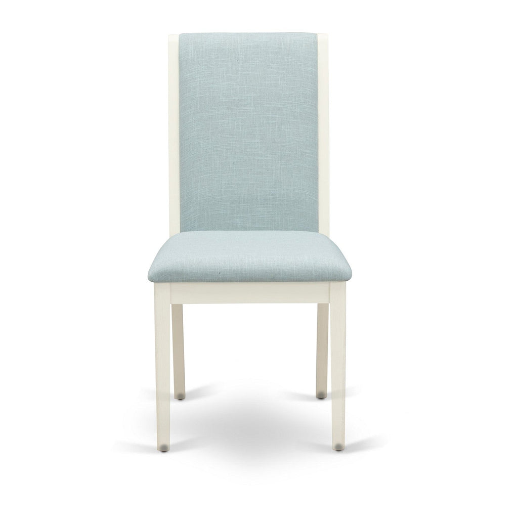 East West Furniture LAP0T15 Lancy Parson Kitchen Chairs - Baby Blue Linen Fabric Upholstered Dining Chairs, Set of 2, Wirebrushed Linen White