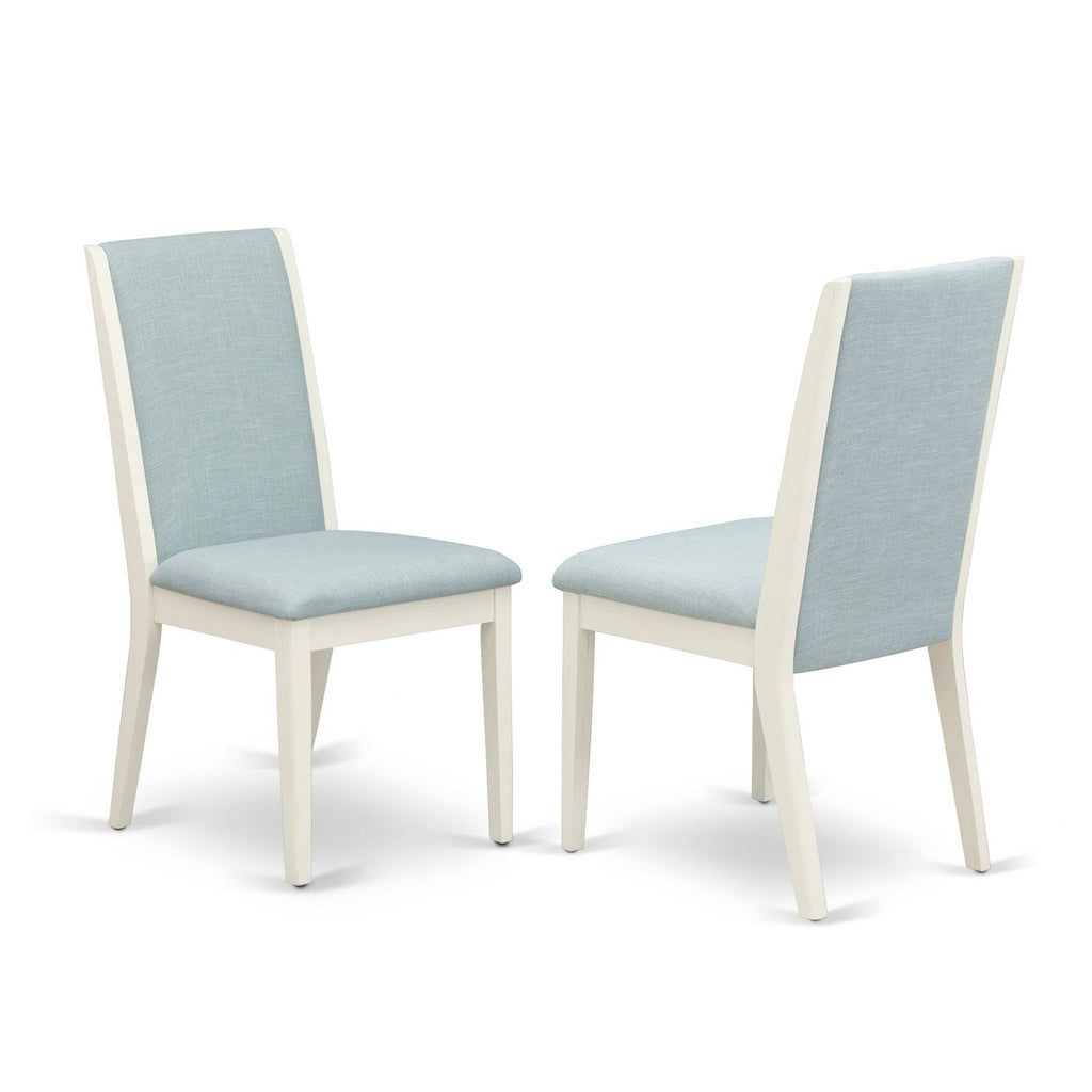 East West Furniture X026LA015-7 7Pc Dinette Set Includes a Wood Table and 6 Upholstered Dining Chairs with Baby Blue Color Linen Fabric, Medium Size Table with Full Back Chairs, Wirebrushed Linen White Finish