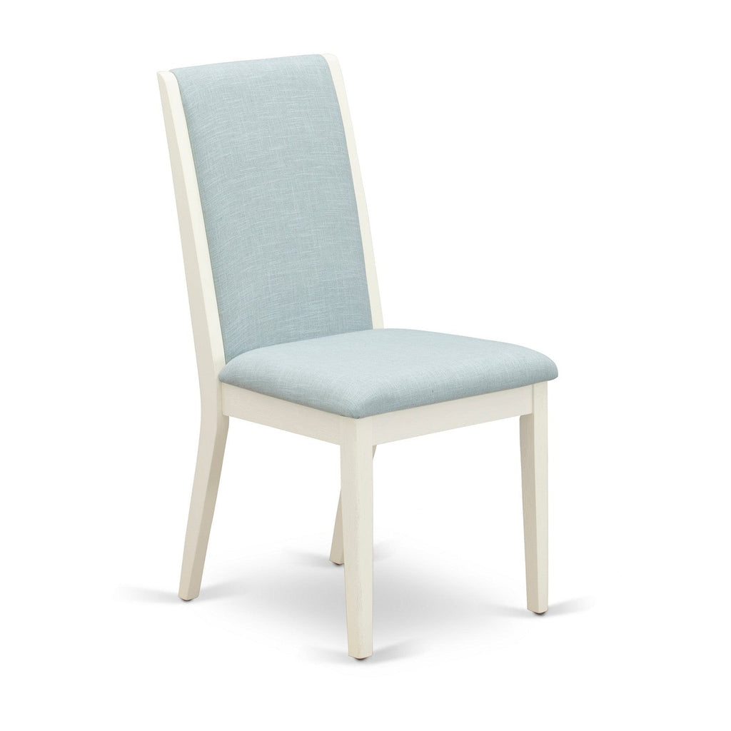 East West Furniture V026LA015-6 6Pc Kitchen Set Includes a Wood Dining Table, 4 Parson Chairs with Baby Blue Color Linen Fabric and a Bench, Medium Size Table with Full Back Chairs, Wirebrushed Linen White Finish