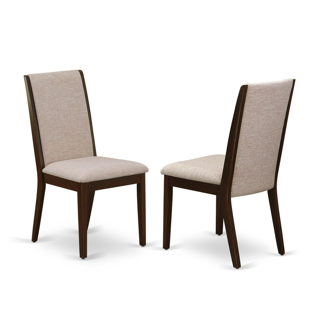 East West Furniture LAP3T04 Lancy Modern Parson Chairs - Light Tan Linen Fabric Upholstered Dining Chairs, Set of 2, Mahogany
