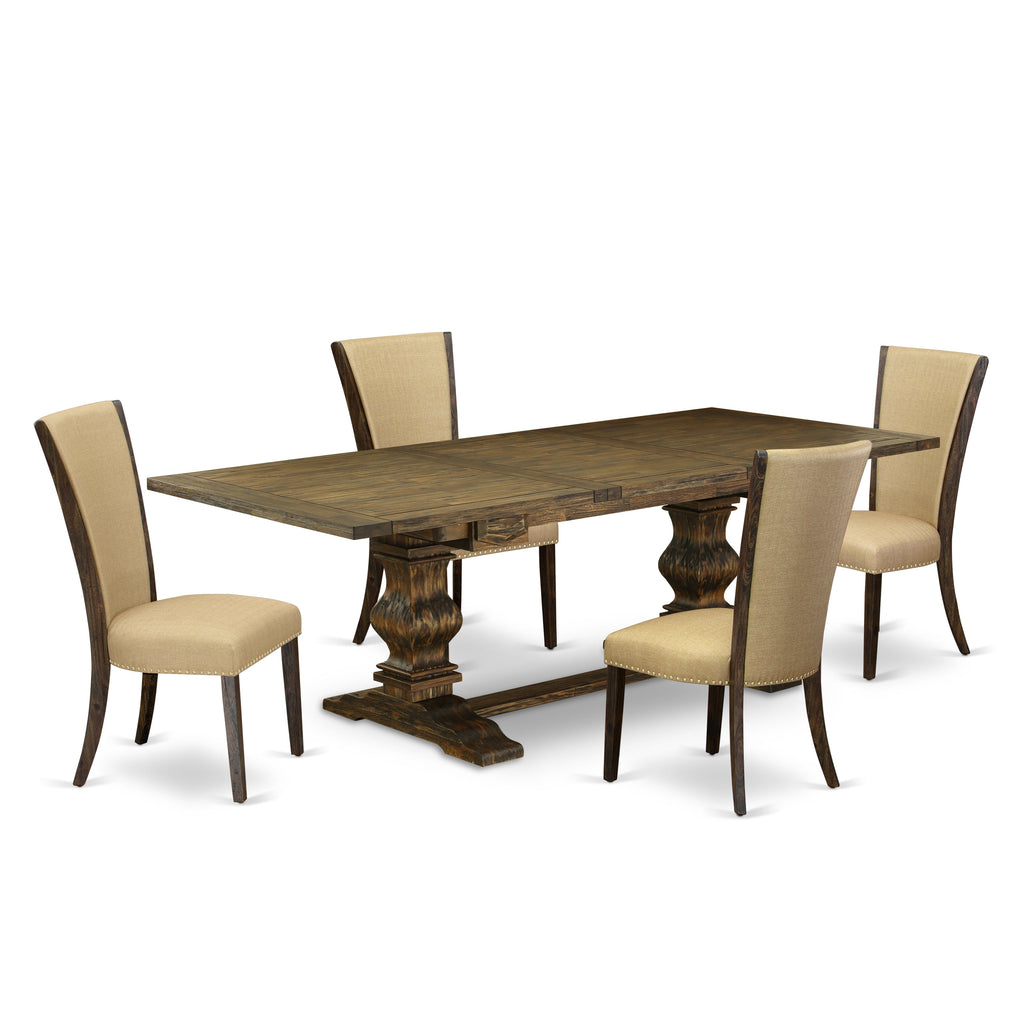 East West Furniture LAVE5-77-03 5 Piece Dining Table Set Includes a Rectangle Dining Room Table with Butterfly Leaf and 4 Brown Linen Fabric Upholstered Chairs, 42x92 Inch, Jacobean