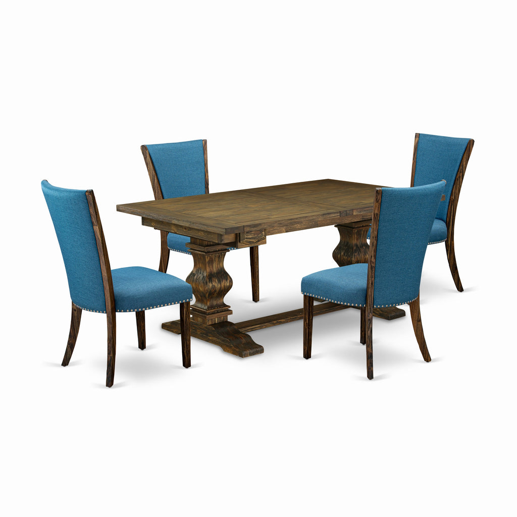 East West Furniture LAVE5-77-21 5 Piece Dining Table Set Includes a Rectangle Kitchen Table with Butterfly Leaf and 4 Blue Color Linen Fabric Upholstered Chairs, 42x92 Inch, Jacobean