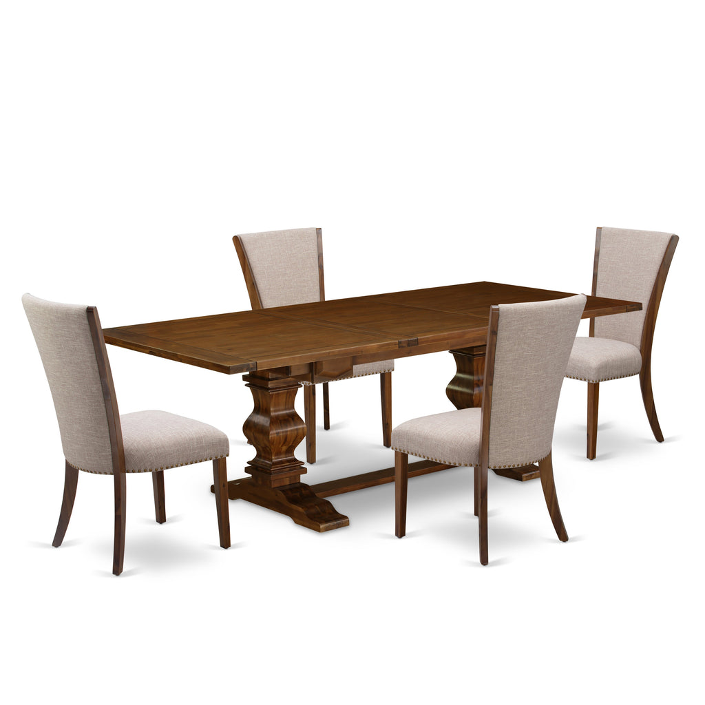 East West Furniture LAVE5-88-04 5 Piece Dining Set Includes a Rectangle Dining Room Table with Butterfly Leaf and 4 Light Tan Linen Fabric Upholstered Chairs, 42x92 Inch, Walnut
