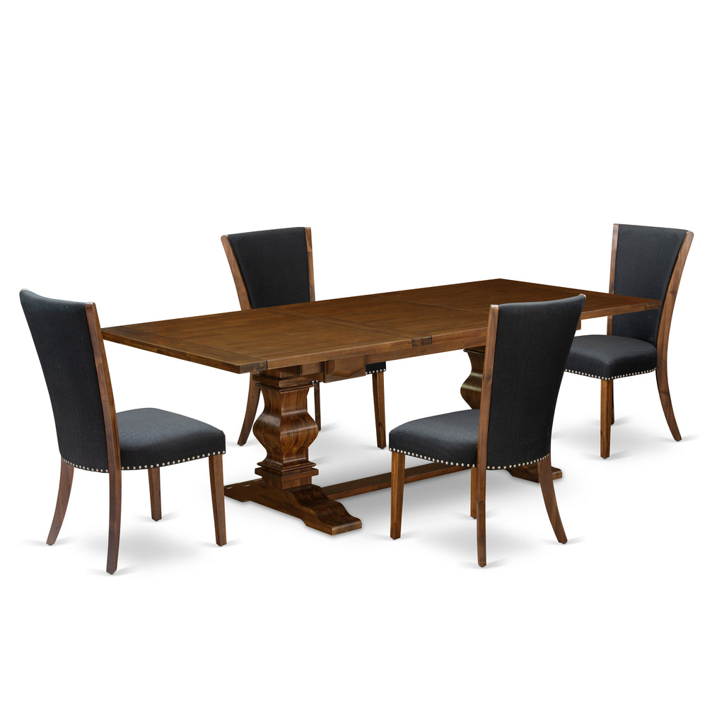 East West Furniture LAVE5-88-24 5 Piece Kitchen Table Set for 4 Includes a Rectangle Dining Table with Butterfly Leaf and 4 Black Color Linen Fabric Parson Chairs, 42x92 Inch, Walnut
