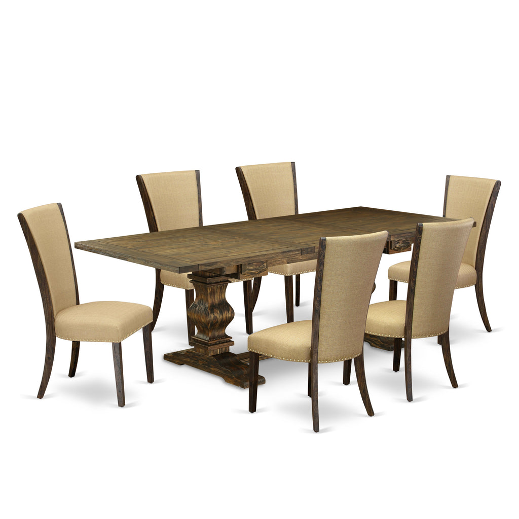 East West Furniture LAVE7-77-03 7 Piece Kitchen Table Set Consist of a Rectangle Dining Table with Butterfly Leaf and 6 Brown Linen Fabric Parson Dining Chairs, 42x92 Inch, Jacobean