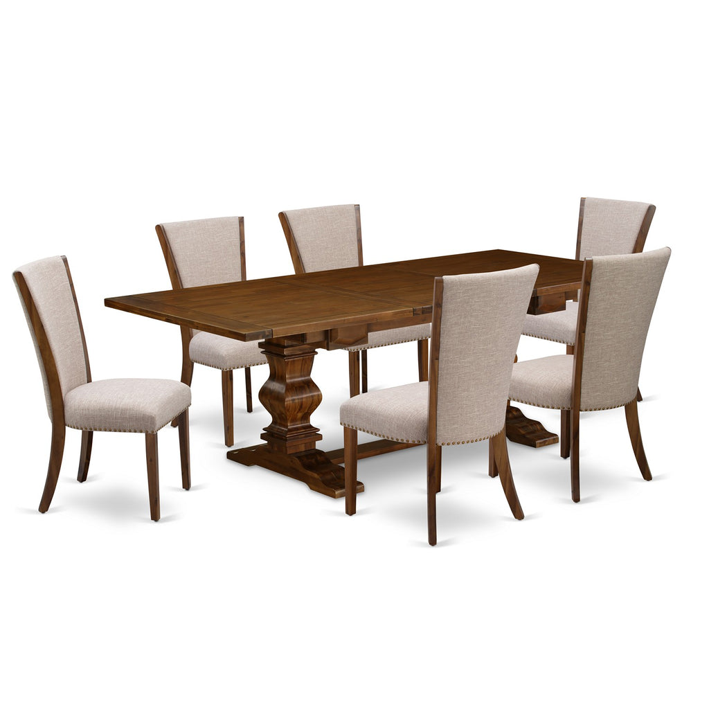 East West Furniture LAVE7-88-04 7 Piece Dining Table Set Consist of a Rectangle Dining Room Table with Butterfly Leaf and 6 Light Tan Linen Fabric Parson Chairs, 42x92 Inch, Walnut