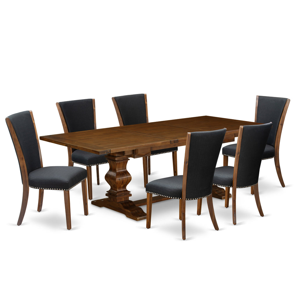East West Furniture LAVE7-88-24 7 Piece Dining Room Set Consist of a Rectangle Wooden Table with Butterfly Leaf and 6 Black Color Linen Fabric Parson Dining Chairs, 42x92 Inch, Walnut