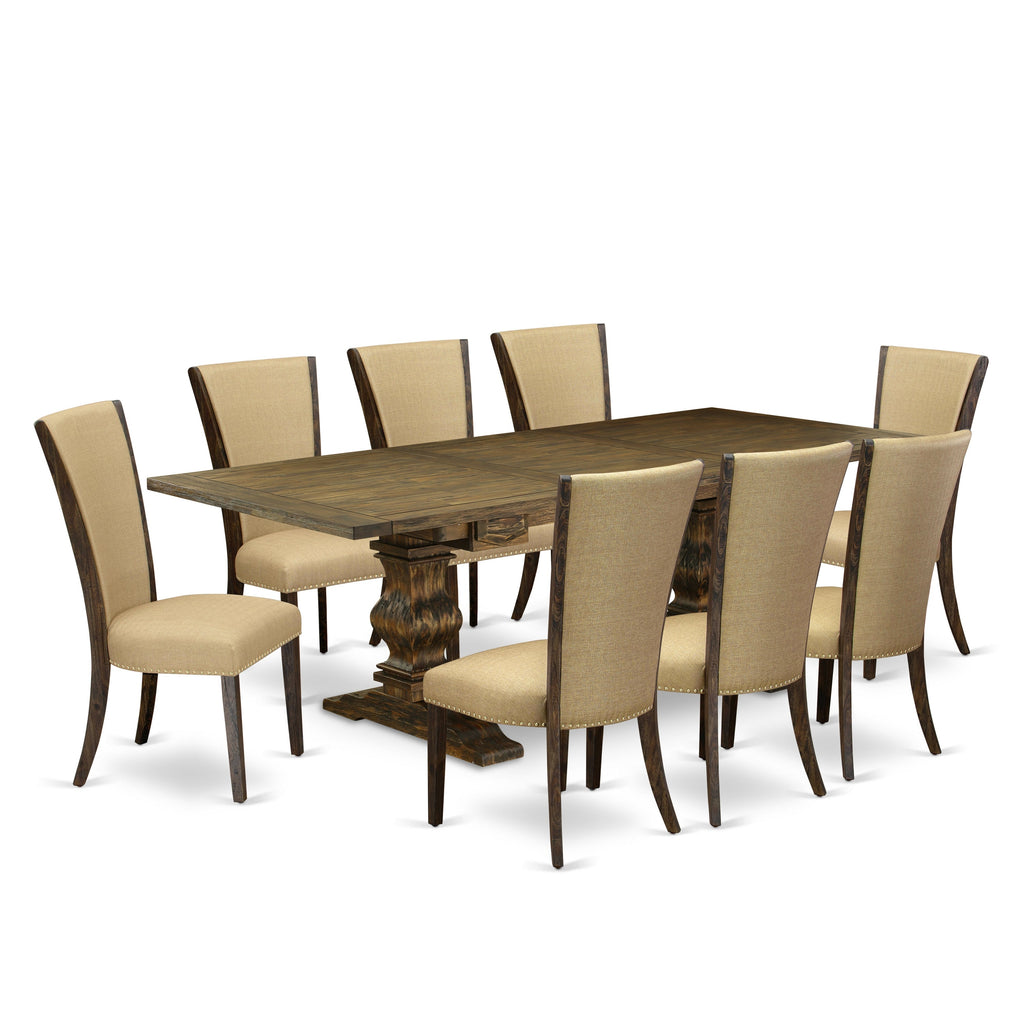 East West Furniture LAVE9-77-03 9 Piece Dining Table Set Includes a Rectangle Dining Room Table with Butterfly Leaf and 8 Brown Linen Fabric Upholstered Chairs, 42x92 Inch, Jacobean