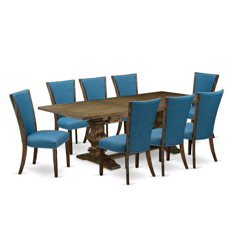 East West Furniture LAVE9-77-21 9 Piece Dining Table Set Includes a Rectangle Dining Room Table with Butterfly Leaf and 8 Blue Color Linen Fabric Parsons Chairs, 42x92 Inch, Jacobean
