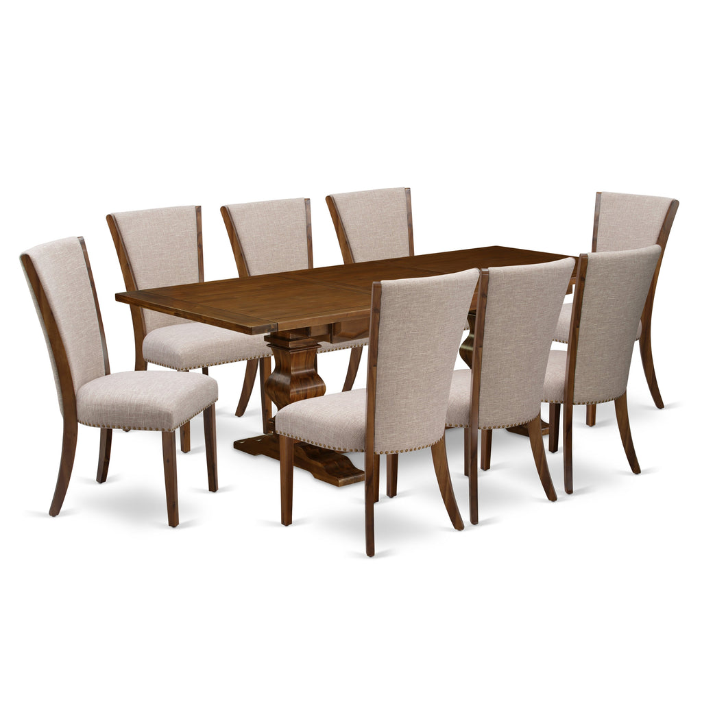 East West Furniture LAVE9-88-04 9 Piece Kitchen Table & Chairs Set Includes a Rectangle Dining Table with Butterfly Leaf and 8 Light Tan Linen Fabric Parson Chairs, 42x92 Inch, Walnut