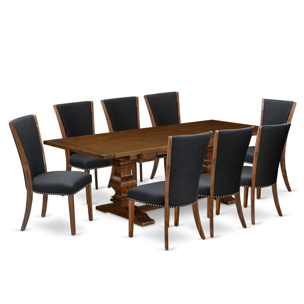 East West Furniture LAVE9-88-24 9 Piece Kitchen Table Set Includes a Rectangle Dining Table with Butterfly Leaf and 8 Black Color Linen Fabric Upholstered Chairs, 42x92 Inch, Walnut