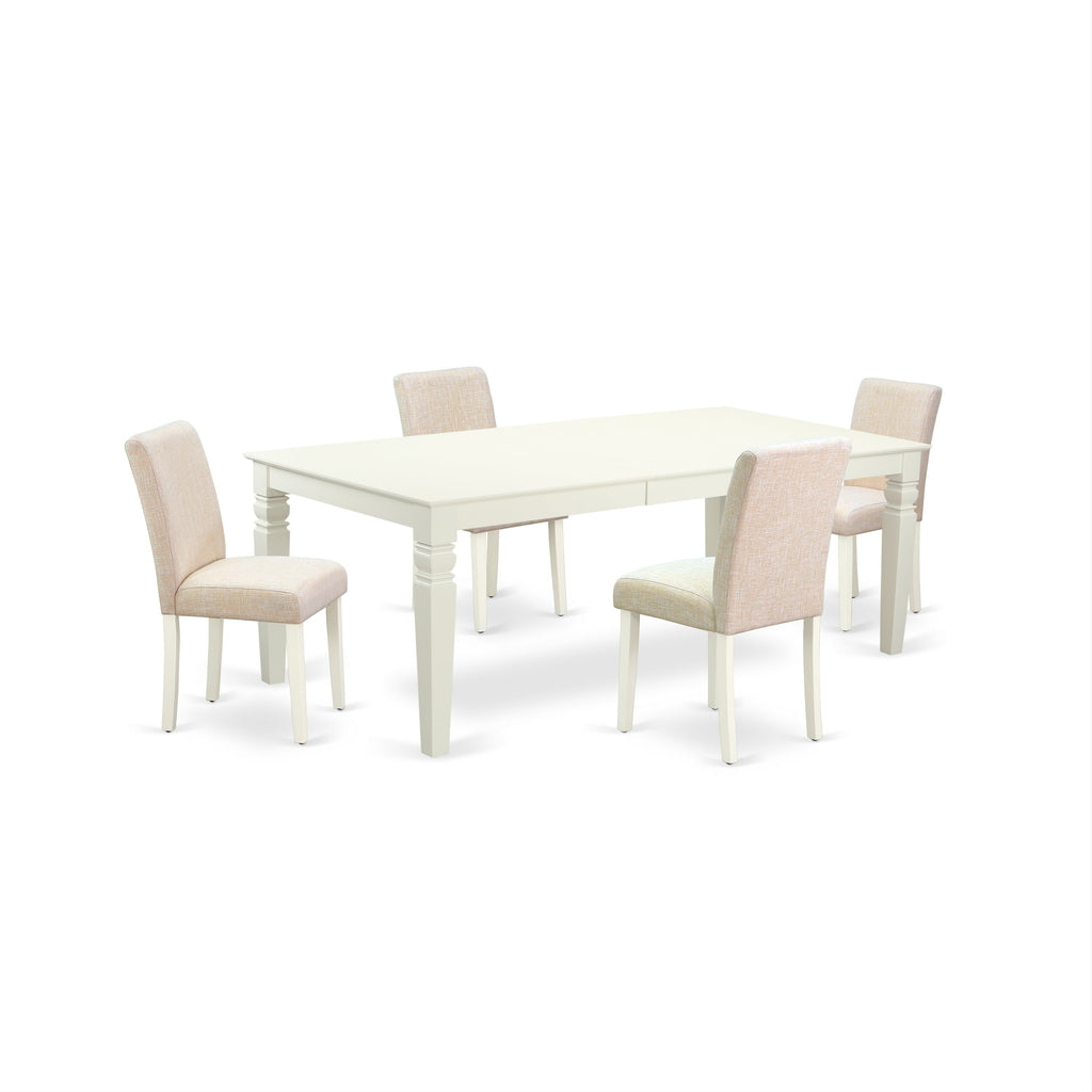 East West Furniture LGAB5-LWH-02 5 Piece Dining Set Includes a Rectangle Dining Room Table with Butterfly Leaf and 4 Light Beige Linen Fabric Upholstered Chairs, 42x84 Inch, Linen White