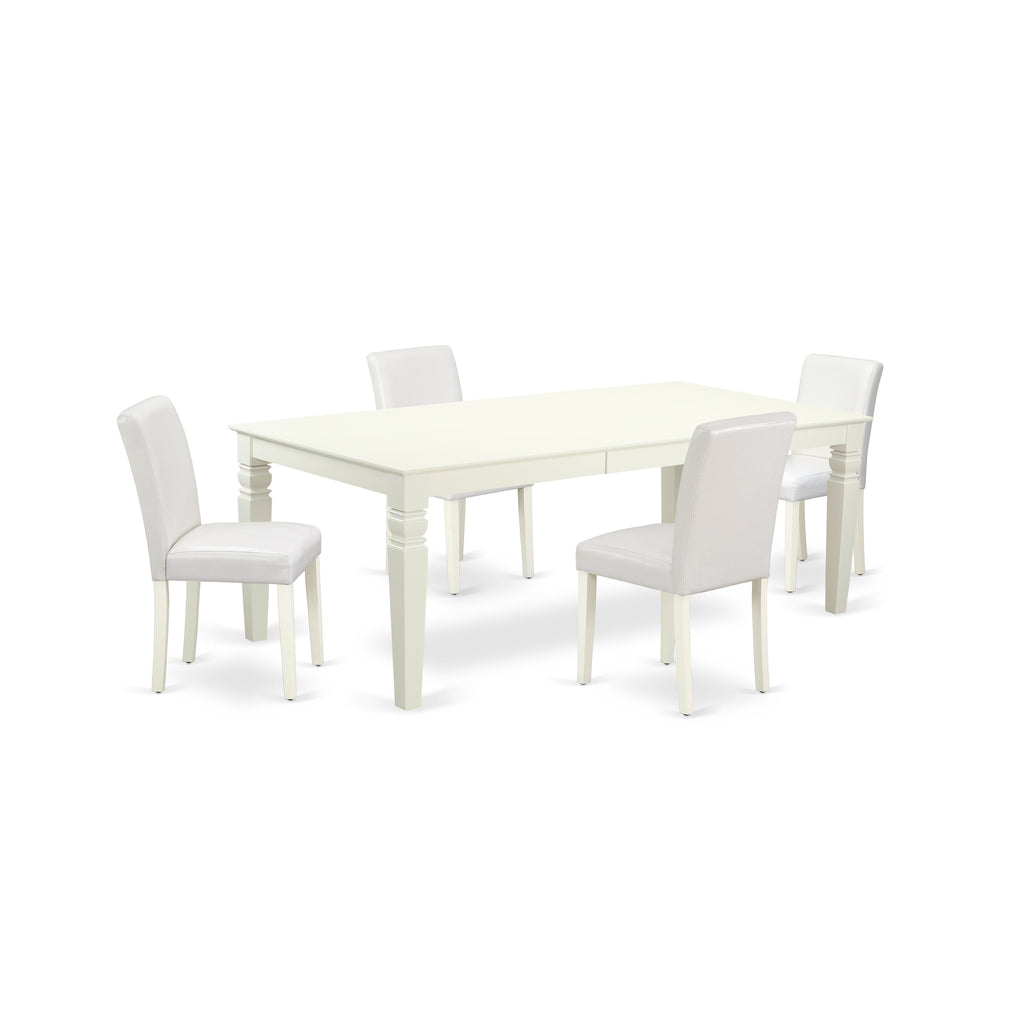 East West Furniture LGAB5-LWH-64 5 Piece Dining Table Set Includes a Rectangle Dining Room Table with Butterfly Leaf and 4 White Faux Leather Parsons Chairs, 42x84 Inch, Linen White