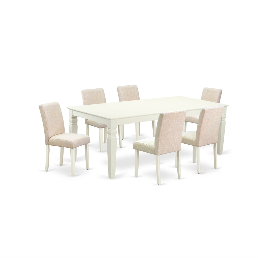 East West Furniture LGAB7-LWH-02 7 Piece Kitchen Table Set Consist of a Rectangle Dining Table with Butterfly Leaf and 6 Light Beige Linen Fabric Parson Chairs, 42x84 Inch, Linen White
