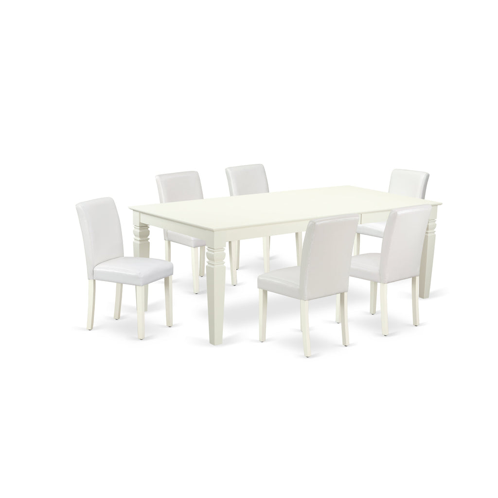 East West Furniture LGAB7-LWH-64 7 Piece Modern Dining Table Set Consist of a Rectangle Wooden Table with Butterfly Leaf and 6 White Faux Leather Upholstered Chairs, 42x84 Inch, Linen White