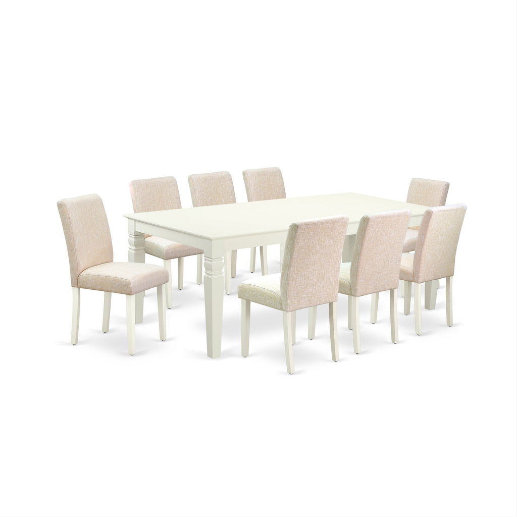 East West Furniture LGAB9-LWH-02 9 Piece Dining Table Set Includes a Rectangle Dining Room Table with Butterfly Leaf and 8 Light Beige Linen Fabric Parsons Chairs, 42x84 Inch, Linen White