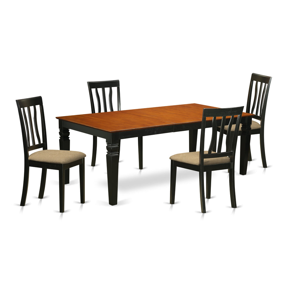 East West Furniture LGAN5-BCH-C 5 Piece Kitchen Table Set for 4 Includes a Rectangle Dining Room Table with Butterfly Leaf and 4 Linen Fabric Upholstered Chairs, 42x84 Inch, Black & Cherry