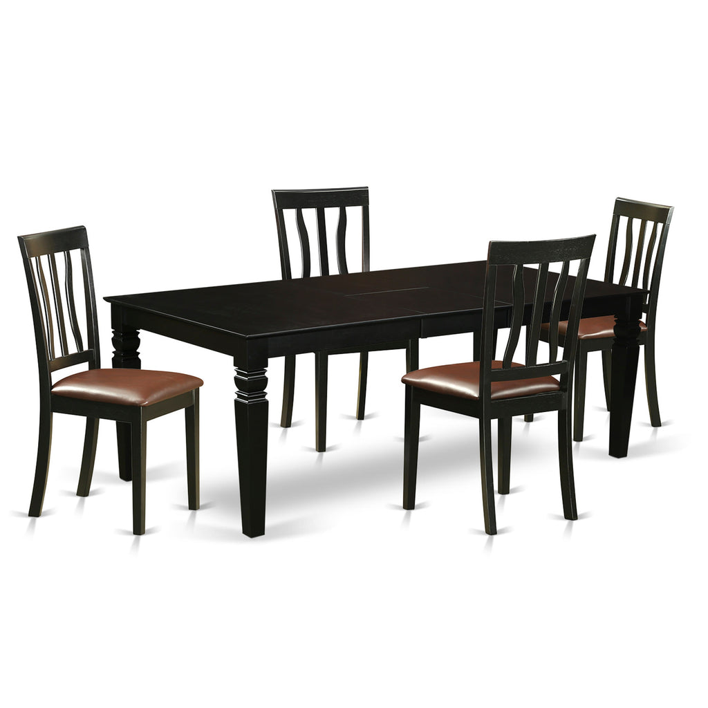 East West Furniture LGAN5-BLK-LC 5 Piece Dining Room Table Set Includes a Rectangle Wooden Table with Butterfly Leaf and 4 Faux Leather Kitchen Dining Chairs, 42x84 Inch, Black