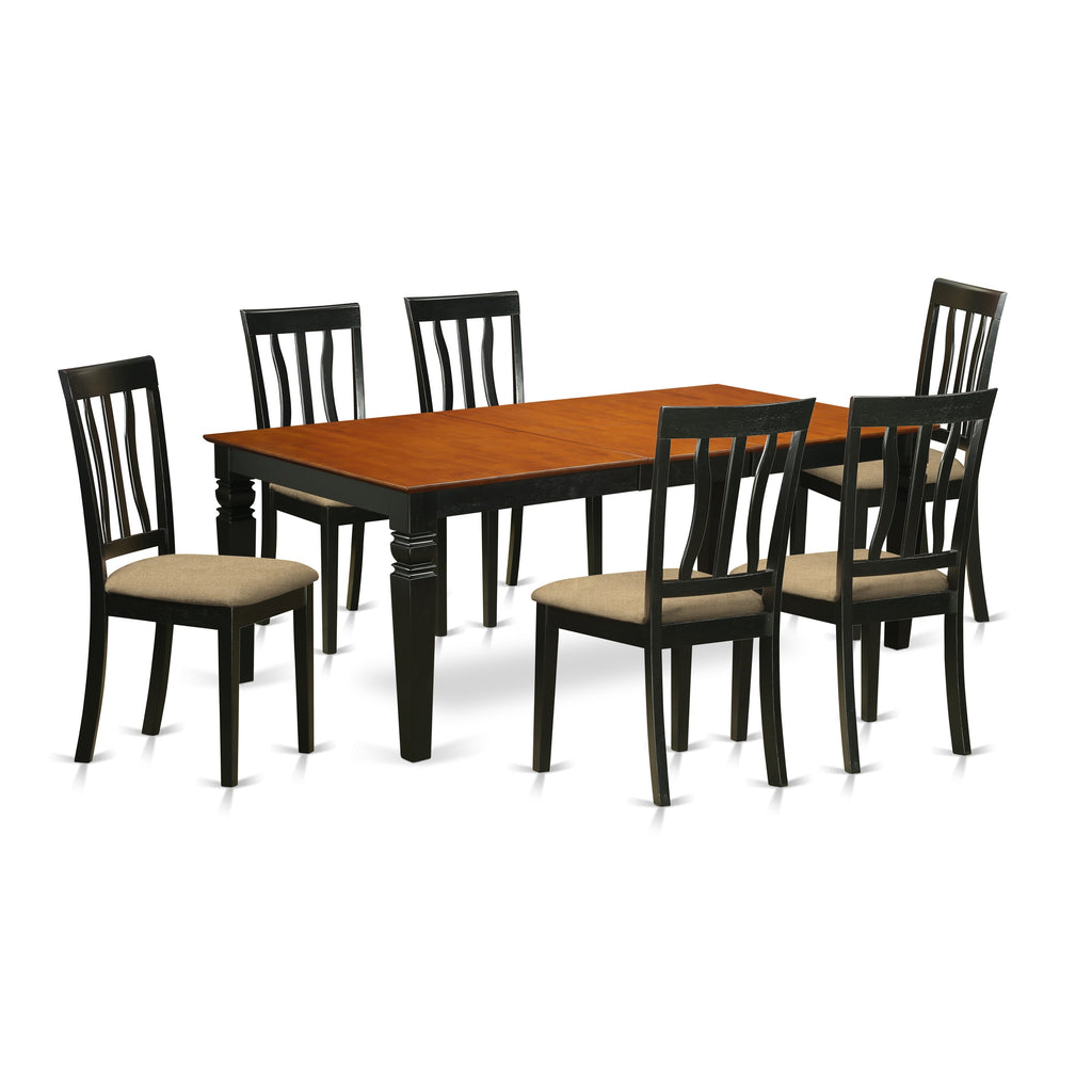 East West Furniture LGAN7-BCH-C 7 Piece Dining Table Set Consist of a Rectangle Wooden Table with Butterfly Leaf and 6 Linen Fabric Dining Room Chairs, 42x84 Inch, Black & Cherry