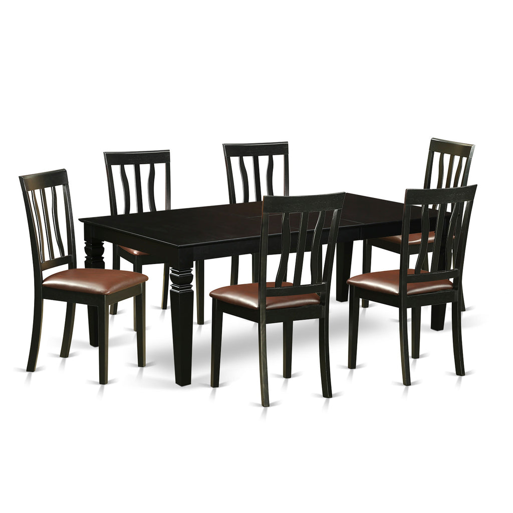 East West Furniture LGAN7-BLK-LC 7 Piece Kitchen Table Set Consist of a Rectangle Dining Table with Butterfly Leaf and 6 Faux Leather Dining Room Chairs, 42x84 Inch, Black