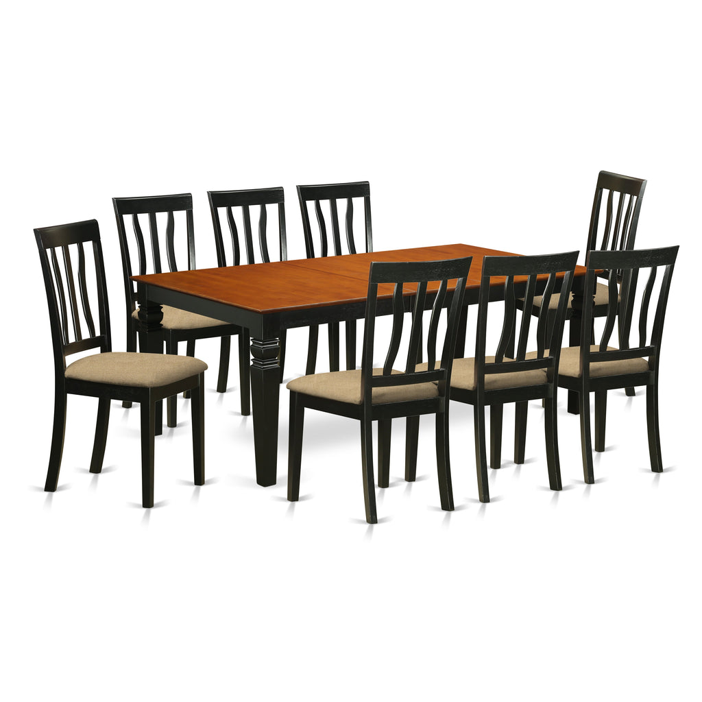 East West Furniture LGAN9-BCH-C 9 Piece Dining Set Includes a Rectangle Dining Room Table with Butterfly Leaf and 8 Linen Fabric Upholstered Chairs, 42x84 Inch, Black & Cherry