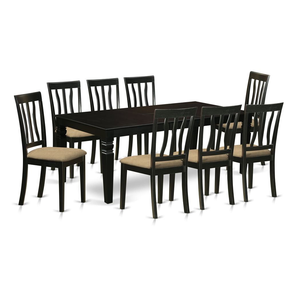 East West Furniture LGAN9-BLK-C 9 Piece Dining Room Table Set Includes a Rectangle Kitchen Table with Butterfly Leaf and 8 Linen Fabric Upholstered Dining Chairs, 42x84 Inch, Black