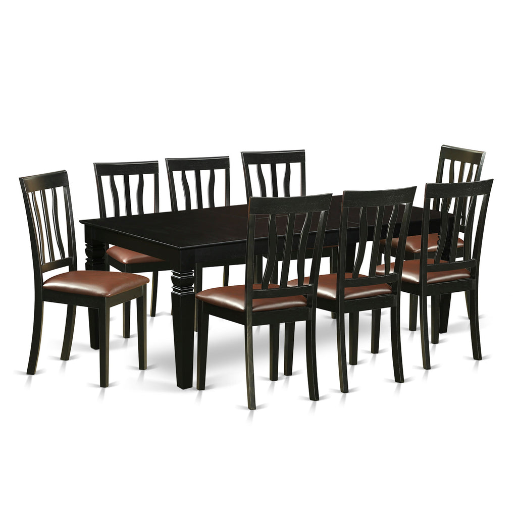 East West Furniture LGAN9-BLK-LC 9 Piece Dining Table Set Includes a Rectangle Dinner Table with Butterfly Leaf and 8 Faux Leather Dining Room Chairs, 42x84 Inch, Black