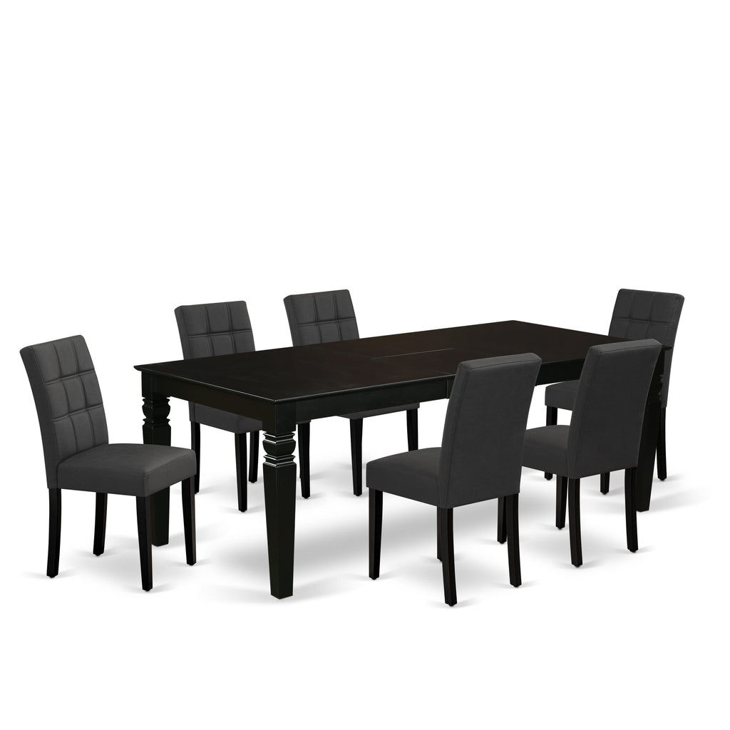 East West Furniture LGAS7-BLK-12 7 Piece Dinner Table Set contain A Dining Table and 6 Dark Gray Faux Leather Person Chairs with Stylish Back- Black Finish