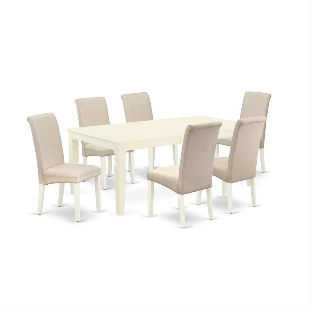 East West Furniture LGBA7-LWH-01 7 Piece Dining Table Set Consist of a Rectangle Dining Room Table with Butterfly Leaf and 6 Cream Linen Fabric Upholstered Chairs, 42x84 Inch, Linen White