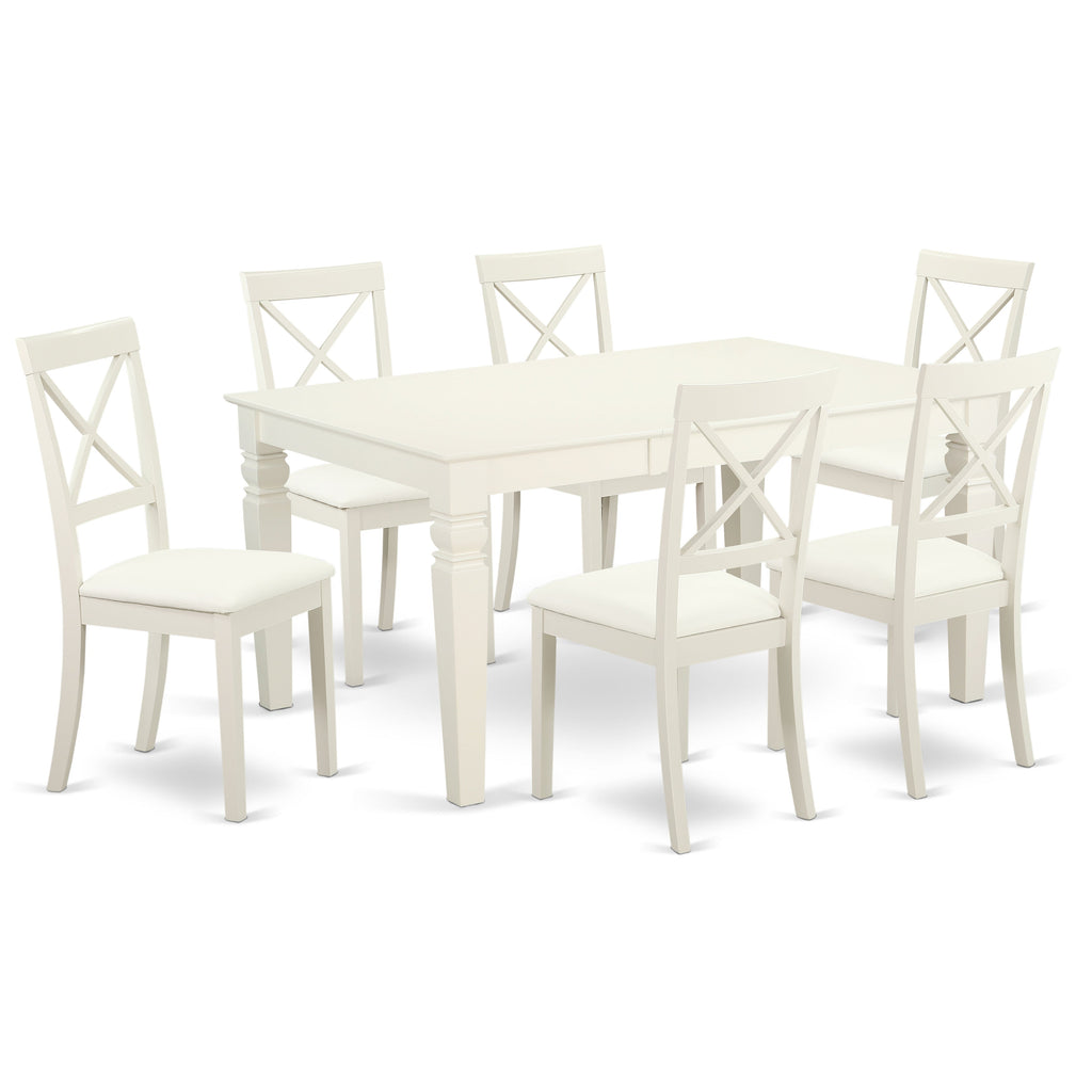 East West Furniture LGBO7-LWH-LC 7 Piece Dining Set Consist of a Rectangle Dining Room Table with Butterfly Leaf and 6 Faux Leather Upholstered Chairs, 42x84 Inch, Linen White