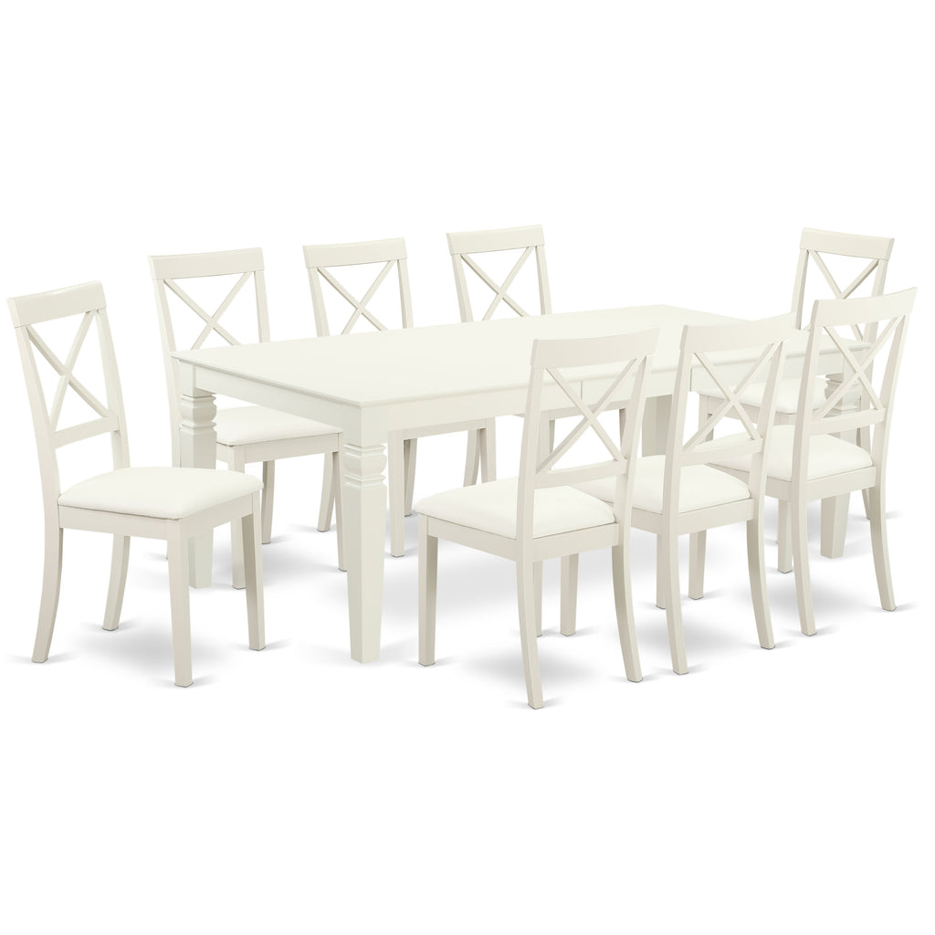 East West Furniture LGBO9-LWH-LC 9 Piece Kitchen Table Set Includes a Rectangle Dining Table with Butterfly Leaf and 8 Faux Leather Dining Room Chairs, 42x84 Inch, Linen White