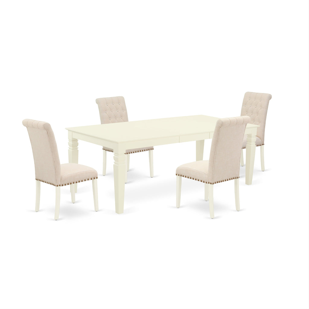 East West Furniture LGBR5-LWH-02 5 Piece Dining Room Table Set Includes a Rectangle Kitchen Table with Butterfly Leaf and 4 Light Beige Linen Fabric Parson Chairs, 42x84 Inch, Linen White
