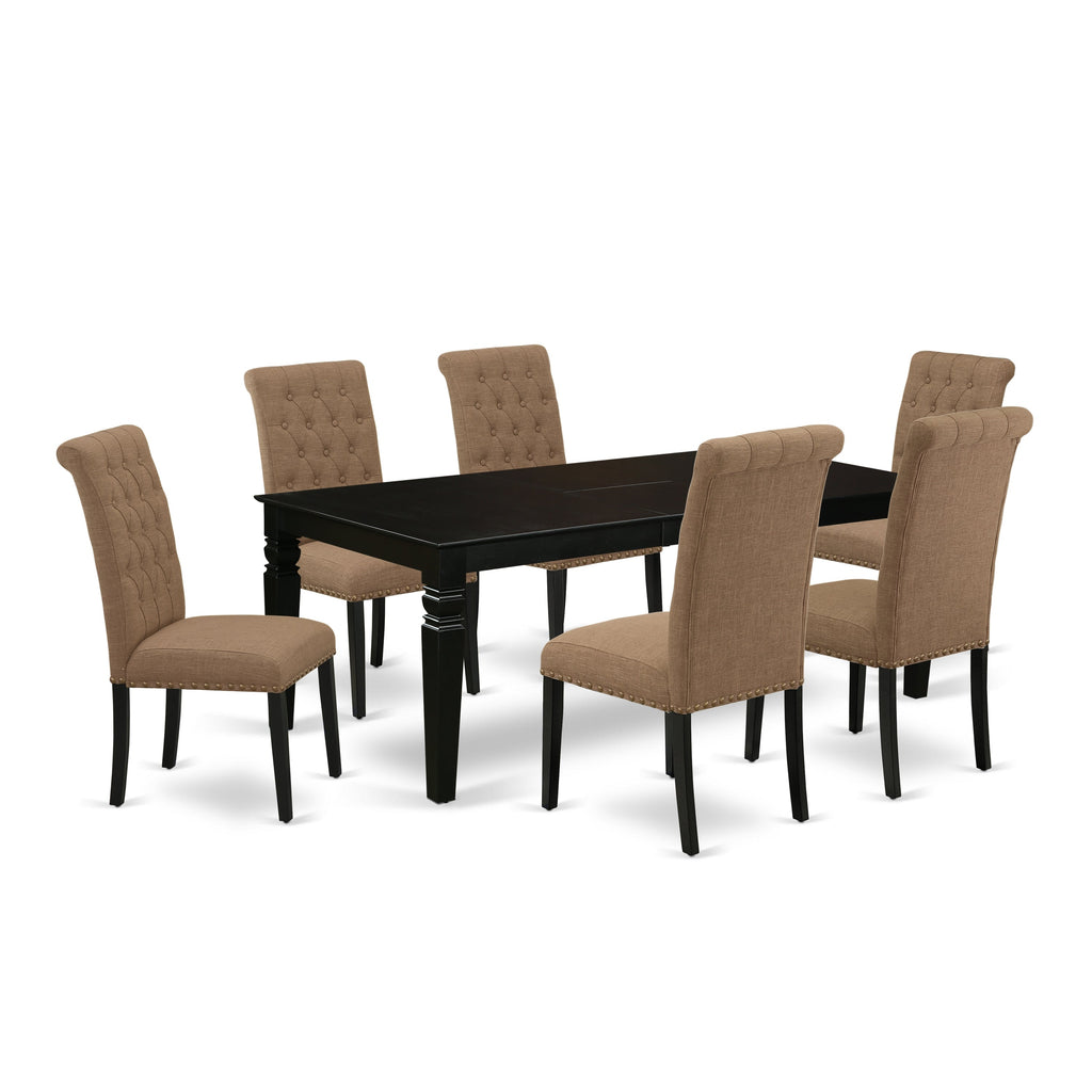 East West Furniture LGBR7-BLK-17 7 Piece Dining Room Table Set Consist of a Rectangle Kitchen Table with Butterfly Leaf and 6 Light Sable Linen Fabric Parsons Chairs, 42x84 Inch, Black