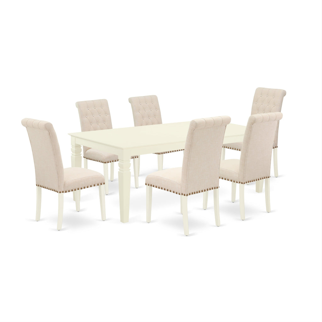 East West Furniture LGBR7-LWH-02 7 Piece Dining Table Set Consist of a Rectangle Dinner Table with Butterfly Leaf and 6 Light Beige Linen Fabric Parson Chairs, 42x84 Inch, Linen White