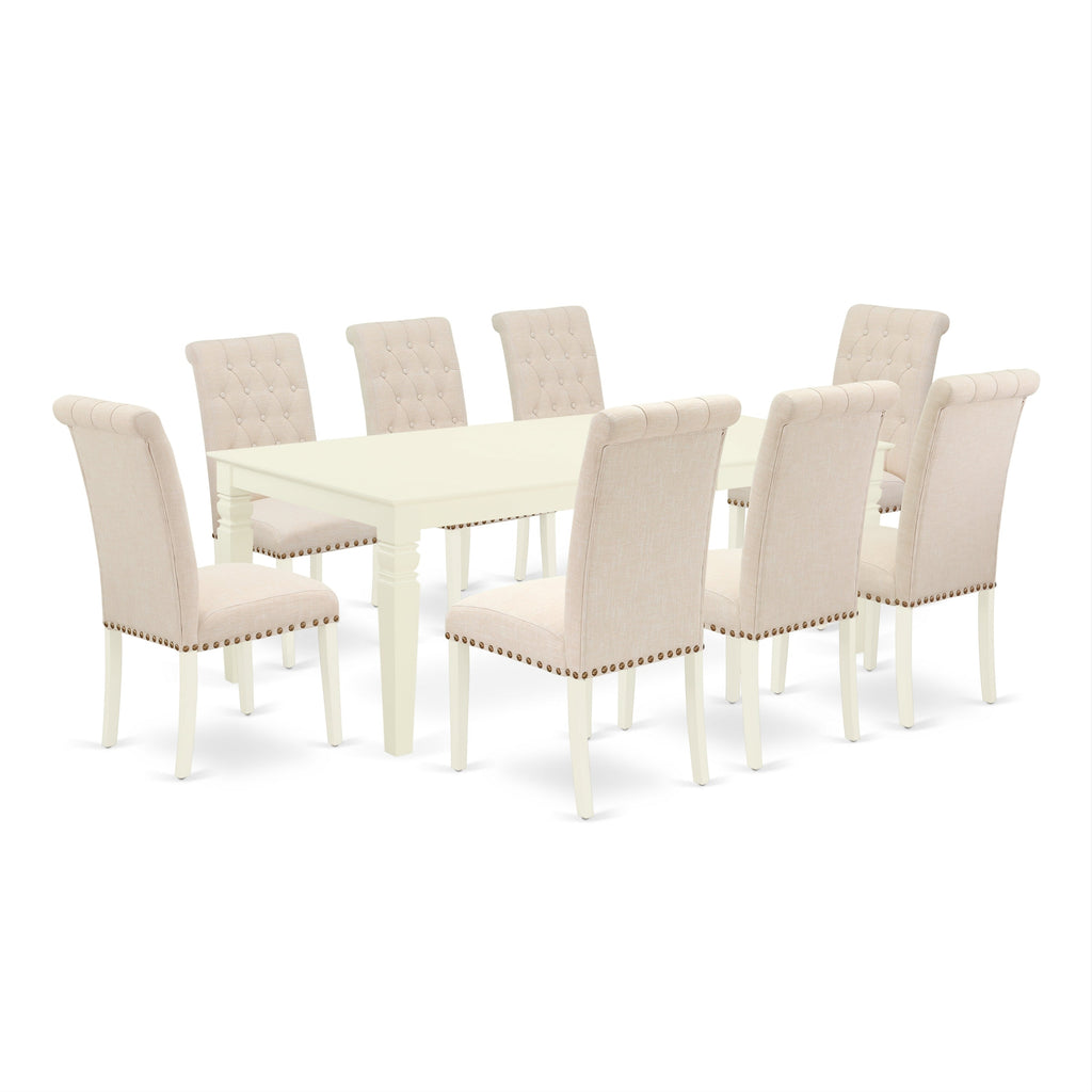 East West Furniture LGBR9-LWH-02 9 Piece Dining Room Set Includes a Rectangle Kitchen Table with Butterfly Leaf and 8 Light Beige Linen Fabric Upholstered Chairs, 42x84 Inch, Linen White
