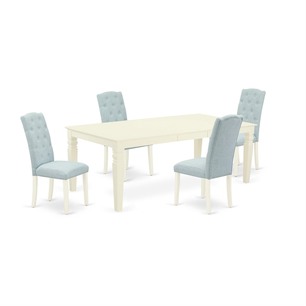 East West Furniture LGCE5-LWH-15 5 Piece Kitchen Table Set for 4 Includes a Rectangle Butterfly Leaf Dining Table and 4 Baby Blue Linen Fabric Upholstered Chairs, 42x84 Inch, Linen White