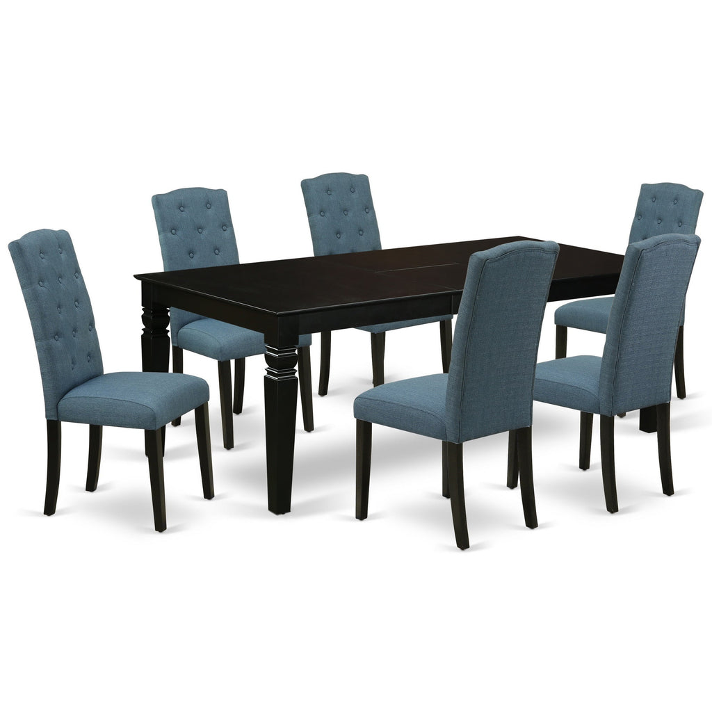 East West Furniture LGCE7-BLK-21 7 Piece Modern Dining Set Consist of a Rectangle Dining Table with Butterfly Leaf and 6 Mineral Blue Linen Fabric Upholstered Chairs, 42x84 Inch, Black