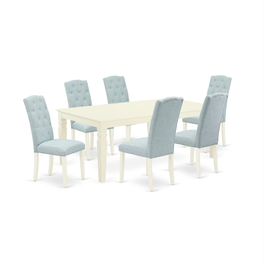 East West Furniture LGCE7-LWH-15 7 Piece Modern Dining Table Set Consist of a Rectangle Wooden Table with Butterfly Leaf and 6 Baby Blue Linen Fabric Parson Chairs, 42x84 Inch, Linen White