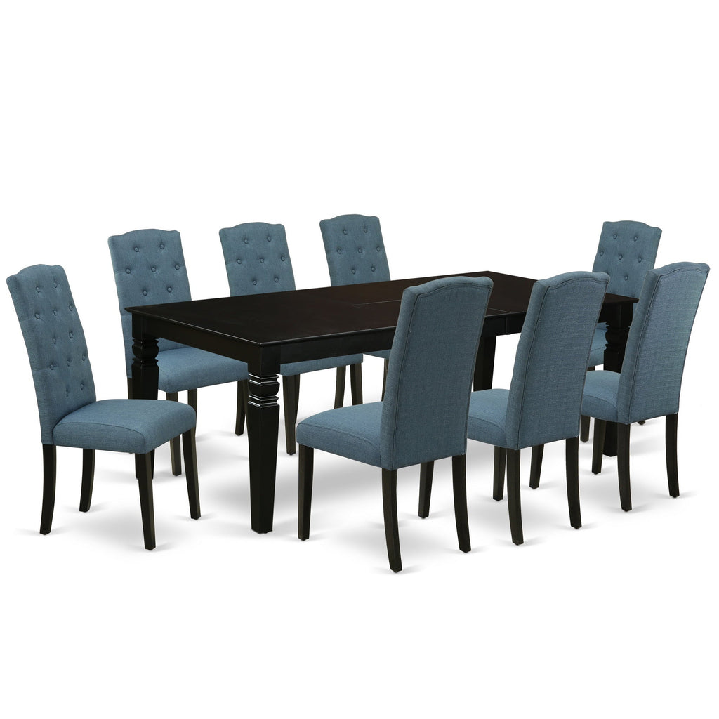 East West Furniture LGCE9-BLK-21 9 Piece Dining Table Set Includes a Rectangle Kitchen Table with Butterfly Leaf and 8 Mineral Blue Linen Fabric Upholstered Chairs, 42x84 Inch, Black