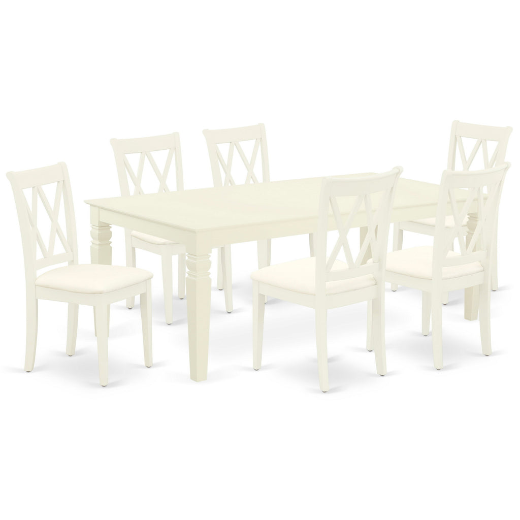 East West Furniture LGCL7-LWH-C 7 Piece Dining Room Table Set Consist of a Rectangle Kitchen Table with Butterfly Leaf and 6 Linen Fabric Upholstered Chairs, 42x84 Inch, Linen White