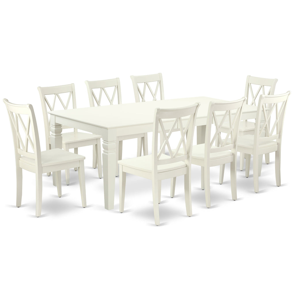 East West Furniture LGCL9-LWH-W 9 Piece Dining Table Set Includes a Rectangle Dining Room Table with Butterfly Leaf and 8 Wood Seat Chairs, 42x84 Inch, Linen White