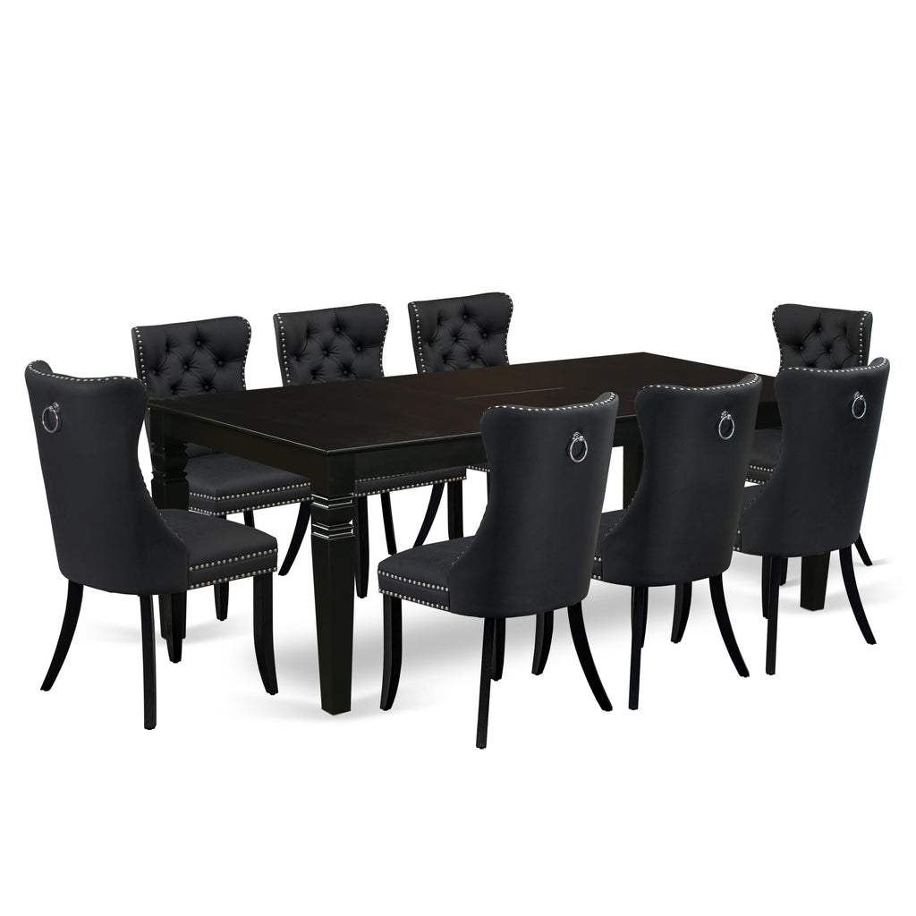 East West Furniture LGDA9-BLK-12 9 Piece Dining Table Set Consists of a Rectangle Kitchen Table with Butterfly Leaf and 8 Parson Chairs, 42x84 Inch, Black